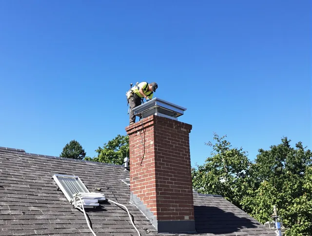Wilton Chimney Sweep technician measuring a chimney cap in Wilton, CT