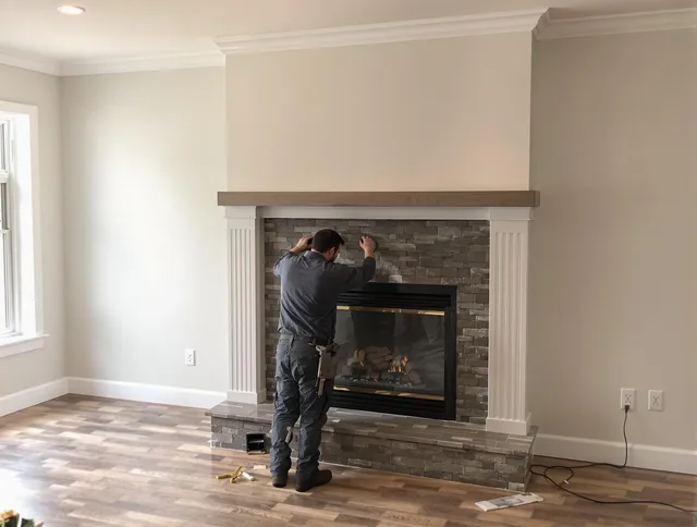 Wilton Chimney Sweep finishing a custom fireplace install in Wilton, CT